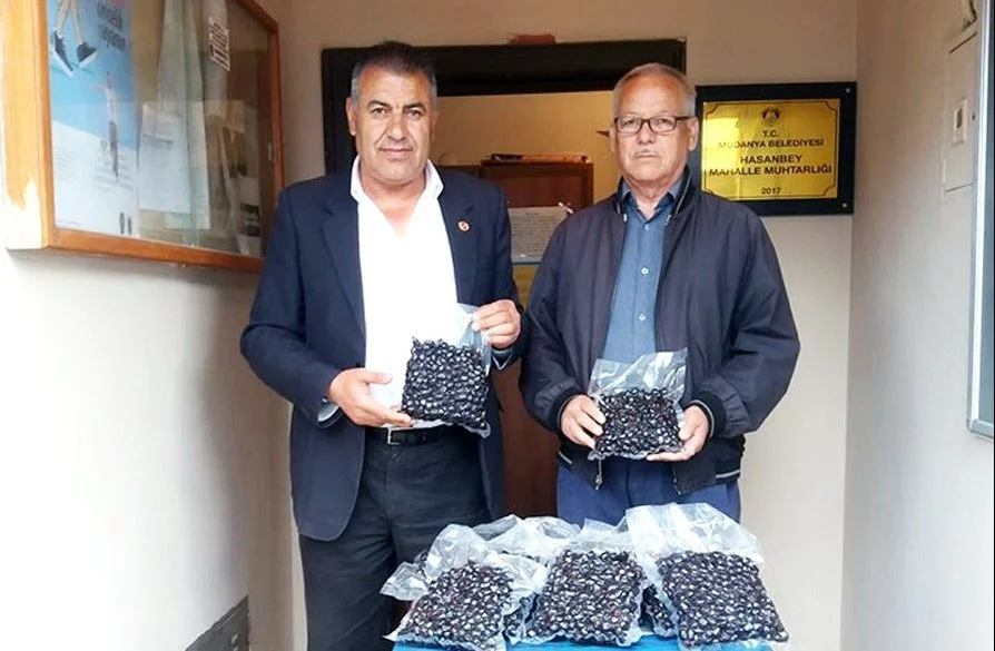 Mudanya'da bir muhtar ihtiyaç sahibi ailelere zeytin dağıttı