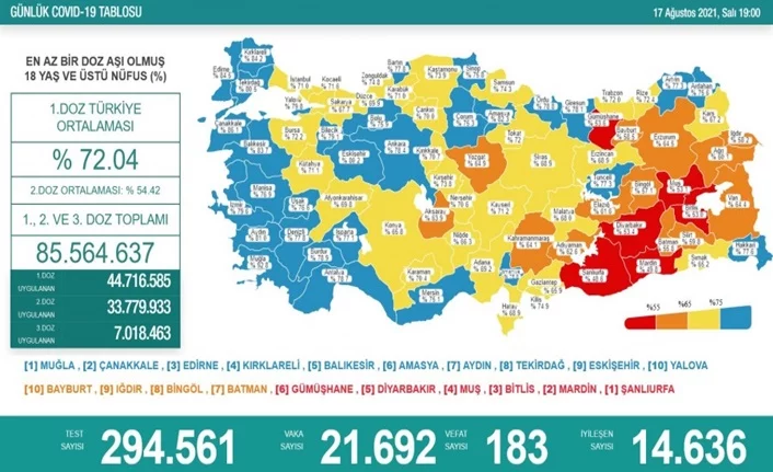 Türkiye'de son 24 saatte 21 bin 692 yeni vaka!