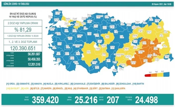 Türkiye'de son 24 saatte 25 bin 216 yeni vaka!